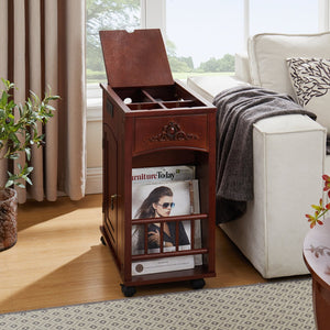 English Elm Powered Narrow End Table with Charging Station, Walnut Bedside Table with Wheels, USB Ports, Storage W1693P227261