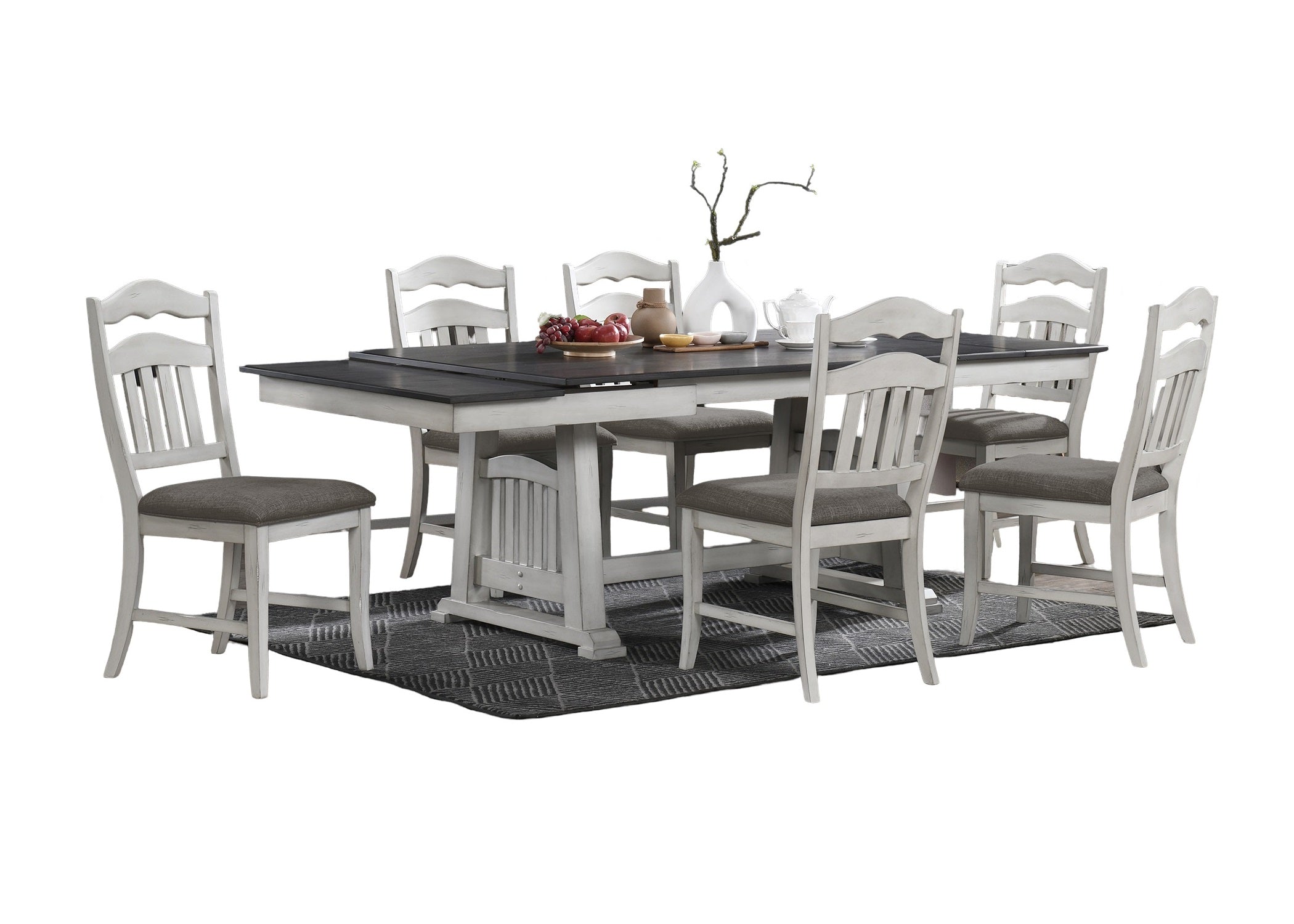 Antique 7Pc Dining Set With Trestle Table, 2 Leaves & 6 Ladder Back Ch
