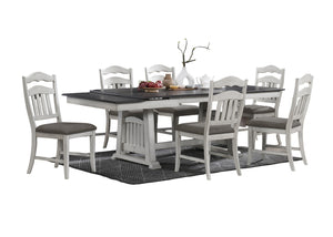 English Elm Antique 7pc Dining Set with Trestle Table, 2 Leaves & 6 Ladder Back Chairs in Grey Rustic White Finish B011S01487