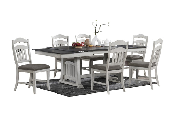 English Elm Antique 7pc Dining Set with Trestle Table, 2 Leaves & 6 Ladder Back Chairs in Grey Rustic White Finish B011S01487