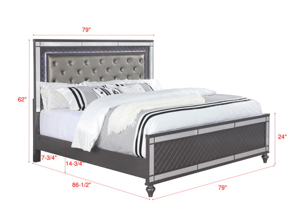 English Elm Modern Upholstered Headboard Queen Bed with Button Tufting, Glass Inlay & LED Lighting, Faux Leather Finish Elegance Gray 82 L x 47 W x 7 H B011S01216