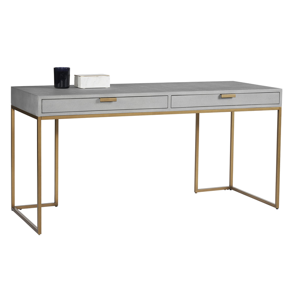 Sunpan Jiro Desk - Stylish Grey Shagreen with Antique Brass Hardware, Elegant Design & Ample Storage Space
