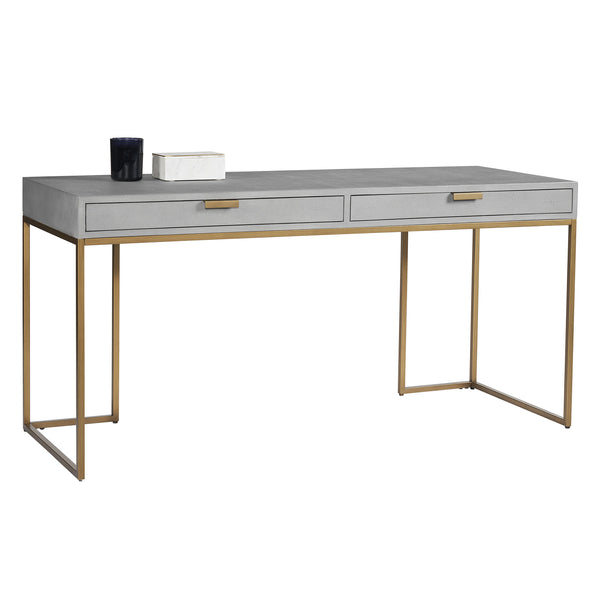 Sunpan Jiro Desk - Stylish Grey Shagreen with Antique Brass Hardware, Elegant Design & Ample Storage Space