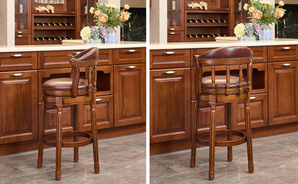 English Elm Seat Cow-Top Leather Wooden Bar Stool - 29.5" Height, 360° Swivel, Stylish Comfort For Home Bars W2195P331493-GIGA