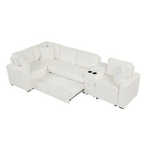 English Elm 120.5" L-shaped Convertible Sofa Bed Modular Sectional with Pull-Out Sleeper, Chenille, Storage, Cup Holders White N719S001940K