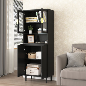 English Elm Tempered Glass Door Tall Storage Bookcase with 4 Doors, Adjustable Shelves, Elegant Space-Saving Cabinet Black W409P171434