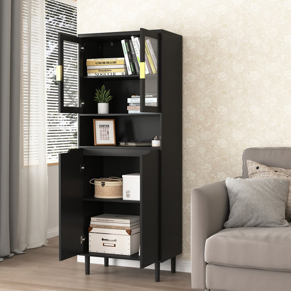 English Elm Tempered Glass Door Tall Storage Bookcase with 4 Doors, Adjustable Shelves, Elegant Space-Saving Cabinet Black W409P171434