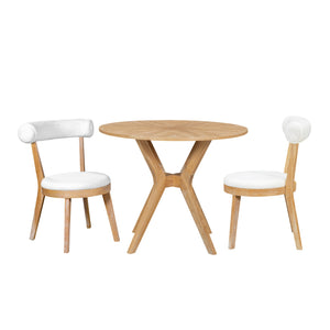 English Elm Mid-Century 39.4" Round Dining Table Set With 2 Padded Chairs, Oak Veneer & Stylish Wooden Legs TWSET-LUCKY1