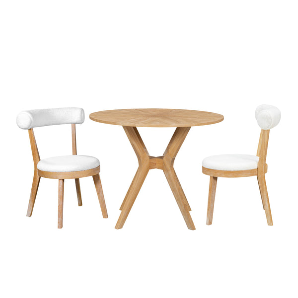 English Elm Mid-Century 39.4" Round Dining Table Set With 2 Padded Chairs, Oak Veneer & Stylish Wooden Legs TWSET-LUCKY1
