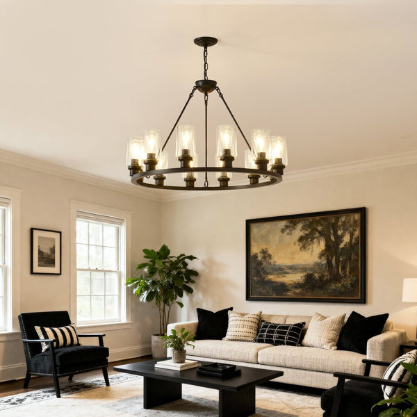 English Elm 34.25'' Farmhouse Wagon Wheel Chandelier 9 Light Seeded Glass Dining Room Fixture W5008P468521