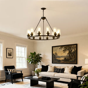 English Elm 9-light Matte Black Wagon Wheel Chandelier Seeded Glass Farmhouse Dining Room W5008P392768