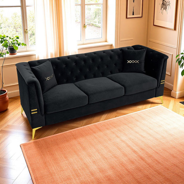 English Elm Fx-P83-Bk3 Modern Mid-Century 3-Seater Sofa With Gold Legs & Plush Faux Sherpa, Elegant Chesterfield Design W576S00217