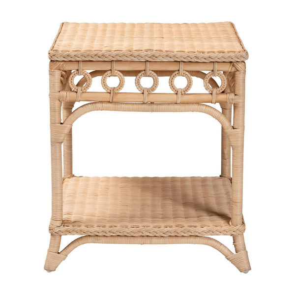 English Elm Bohemian Hand-woven Rattan Round End Table with Open Geometric Base for Living Rooms B2750P467842