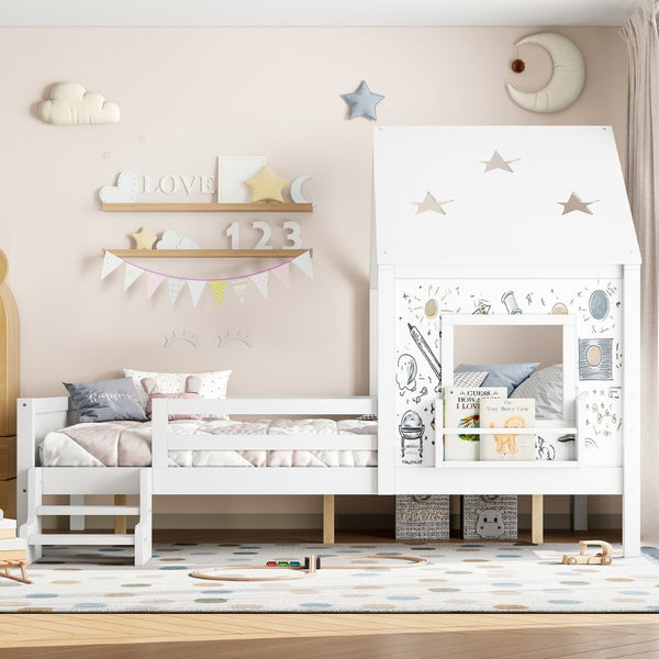 English Elm Full Bunk Bed with Trundle Bookshelf Storage Pine Frame Car Design for Kids Light White W1580S00295