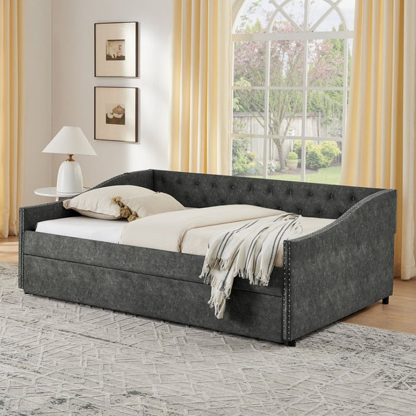 English Elm Full Size Upholstered Daybed with Trundle Usb Ports Tufted Back Wave Arms W1413S00159