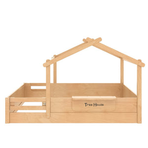 English Elm Queen House Shaped Kids Floor Bed Pine Wood Frame with Guardrails and Personalized Headboard Natural W1580P396335