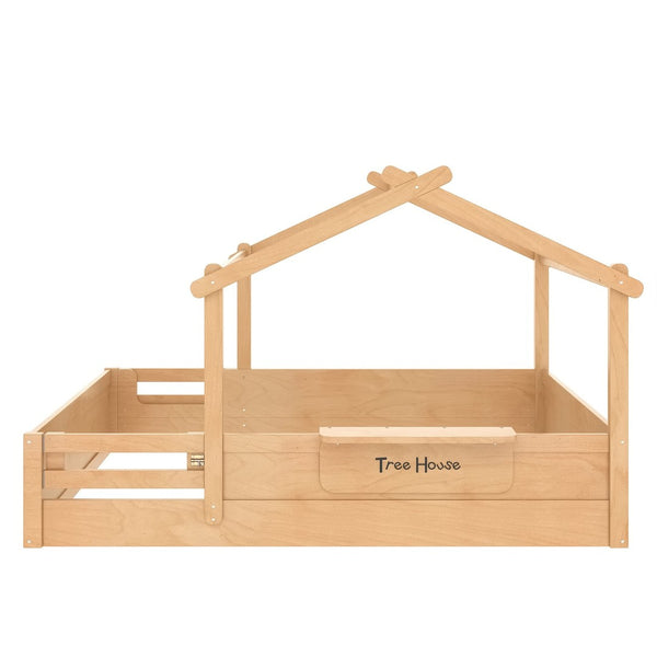 English Elm Queen House Shaped Kids Floor Bed Pine Wood Frame with Guardrails and Personalized Headboard Natural W1580P396335