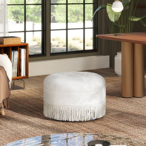 English Elm Jennifer Taylor Home - Yolanda 24" Round Upholstered Ottoman in Almond White Chenille — Handcrafted, Tassel Fringe, Versatile Seat B2719P280167