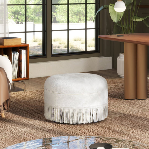 English Elm Jennifer Taylor Home - Yolanda 24" Round Upholstered Ottoman in Almond White Chenille — Handcrafted, Tassel Fringe, Versatile Seat B2719P280167