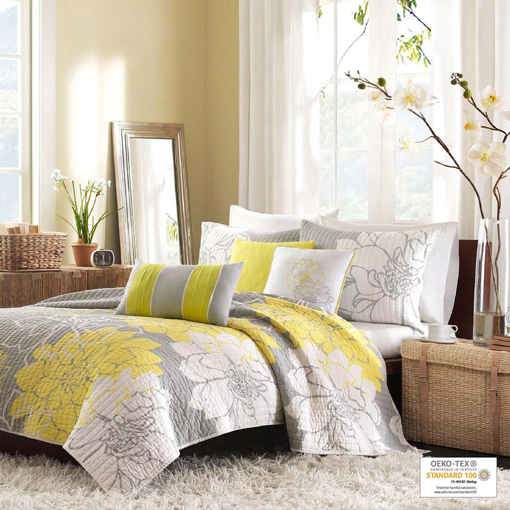 JLA Home Madison Park - 6 Cotton Reversible Quilt Set with Floral Print and 3 Textured Decorative Pillows, OEKO-TEX Certified Taupe Grey/Yellow MP13-326