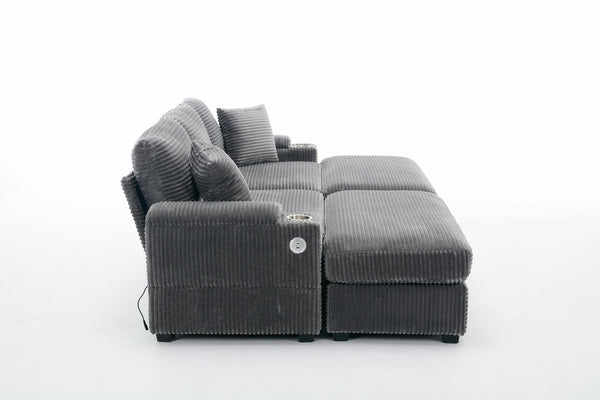 English Elm Corduroy Upholstered Chaise Lounge Sofa with Movable Ottoman, Cup Holder, Deep Seat Comfort Grey W2120S00007