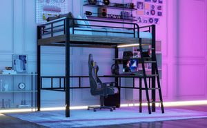 English Elm Metal Full Size Loft Bed with LED Light, Built-In Full-Length Desk, Storage Shelf & Ladder — Space-Saving Industrial Black, Sturdy Metal Frame for Study & Sleep GX001120AAB