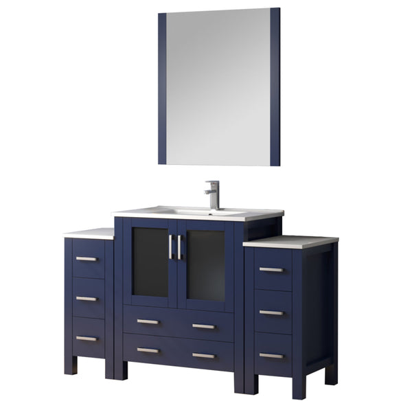 English Elm Navy 54" Bath Vanity with Side Cabinets, White Ceramic Top, Chrome Faucet & 28" Mirror — Durable, Scratch-Resistant B2731S01374