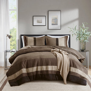 JLA Home Comfort Spaces - Pieced Faux Suede Comforter Set with Transitional Pieced Stripe Design, Lightweight Year-Round Warmth Brown AM10-0033