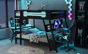 English Elm Full Size Gaming Bunk Bed with Dual Desks Usb Charging Ports and Pegboard Storage Blue LT000274AAC