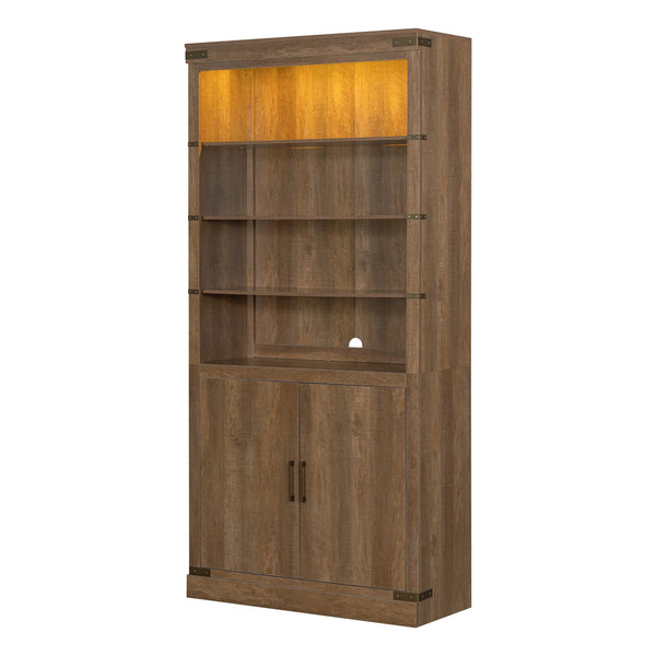 English Elm 83.4"Tall Modern Bookshelf with Doors Walnut, LED Accent Lighting, 3 Adjustable Shelves, Storage Cabinet N751S346154W