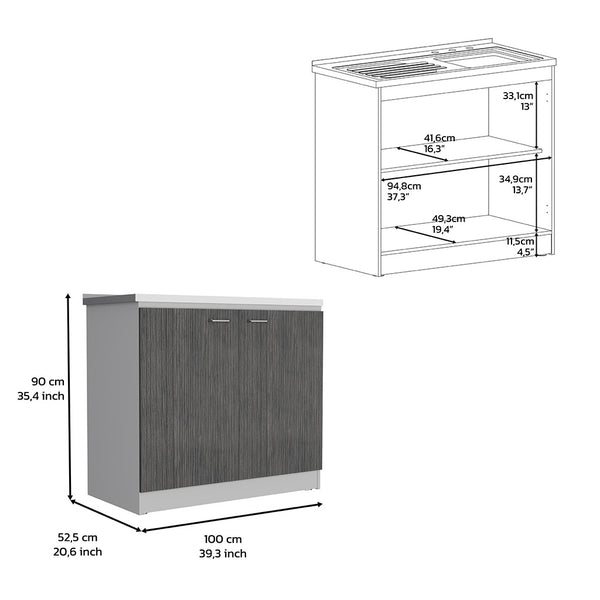 English Elm Freestanding Sink Cabinet With Double Doors & Adjustable Shelves In White And Smokey Oak Finish B097S00138