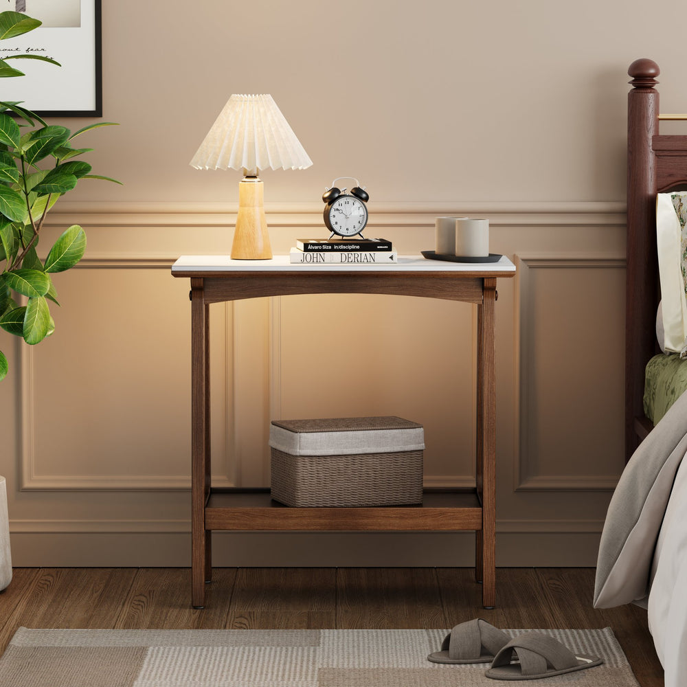 English Elm Retro Reddish Brown Narrow Slate Side Table with Shelf, Slim Walnut Nightstand for Small Spaces W1801P172848