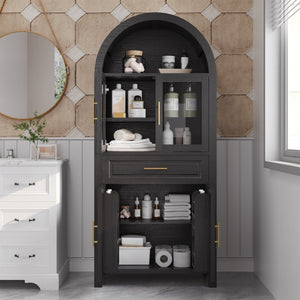 English Elm 71" Arched Glass Barn Door Pantry Cabinet Farmhouse Mdf Storage for Kitchen Dining Black W2917S00016