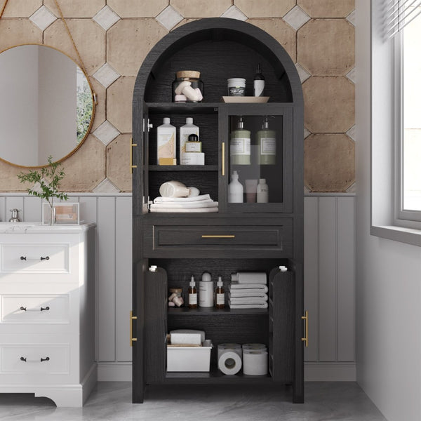 English Elm 71" Arched Glass Barn Door Pantry Cabinet Farmhouse Mdf Storage for Kitchen Dining Black W2917S00016