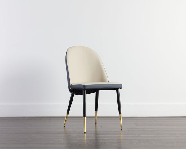 Sunpan Kline Modern Dining Chair with Smooth Curves, Faux Leather Upholstery, and Elegant Gold-Capped Legs Dillon Cream / Dillon Thunder