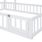 English Elm Wooden Floor Bed With Fence Railings and Detachable House Shape Headboard, Full Size Bed With Kids Dress Up Rack, Kids Montessori Style Playhouse Frame For Girls Boys, White