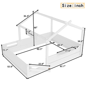 English Elm Queen House Shaped Kids Floor Bed Pine Wood Frame with Guardrails and Personalized Headboard Light White W1580P396334