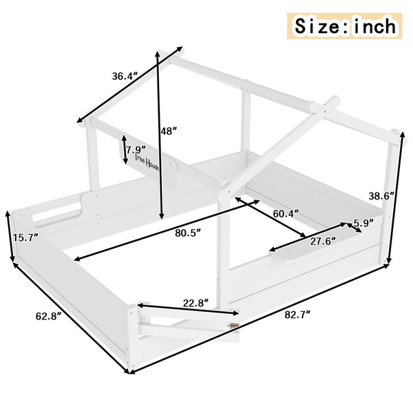 English Elm Queen House Shaped Kids Floor Bed Pine Wood Frame with Guardrails and Personalized Headboard Light White W1580P396334