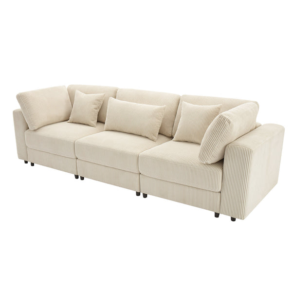 English Elm [ U_STYLE 105'' 3 Seater Sofa with Corduroy Fabric, Removable Back Cushions, Foam+Pocket Spring Comfort Beige WY000403AAA