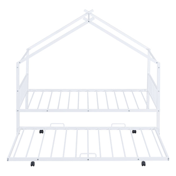 English Elm Twin House Metal Platform Bed with Trundle for Kids — Sturdy 350lb Capacity, Playful Loft Frame Design White MF323494AAK