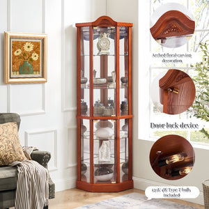 English Elm Lighted Corner Curio Cabinet With Adjustable Glass Shelves And Elegant Oak Finish For Home Or Office W1758P300135