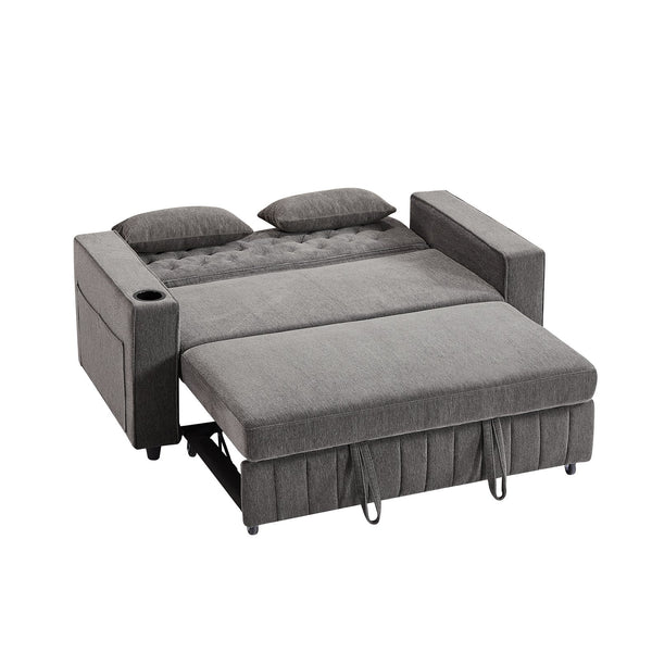 English Elm 61.4" Pull-out Sofa Bed Loveseat with Adjustable 3-Position Backrest, USB Ports, Cup Holders, Storage Rack Grey N719S001900E