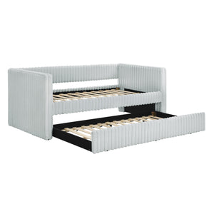 English Elm Twin Upholstered Daybed Sofa with Pull-Out Trundle, Plaid Corduroy Modern Style, Easy Assemble LIGHT GREY W487S00324