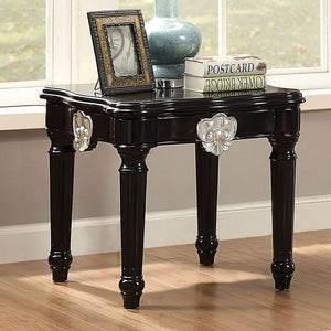 English Elm Black End Table with Scalloped MDF Top and Turned Legs, Poplar Apron Carved Motif, Timeless Accent B062P189193