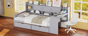 English Elm Twin L-Shape Daybed with Storage, 3 Cabinets & 2 Drawers, Built-In Desk Bookshelf, Gray Twin N733S247070E