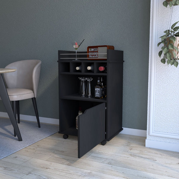English Elm Fm Furniture Crozier Rolling Bar Cart with Wine Rack Cabinet and Warm Macadamia Finish B128P321057