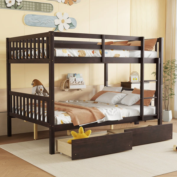 English Elm Full Full Over Full Rubber Wood Bunk Bed With 2 Storage Drawers, Convertible Into 2 Separate Beds, Espresso W504S00196
