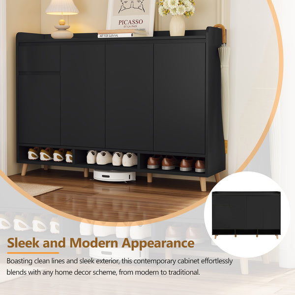 English Elm ON-TREND Modern Shoe Cabinet with Adjustable Shelves, Solid Wood Legs, Spacious Entryway Storage Sideboard Black WF321211AAB