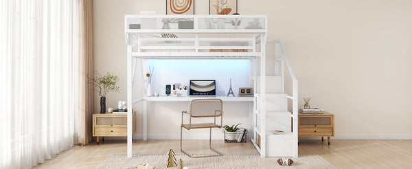 English Elm Full Loft Bed with Desk and Charging Station, Metal Loft with Stairs, Wardrobe, Shelves & Light White W2580S00046