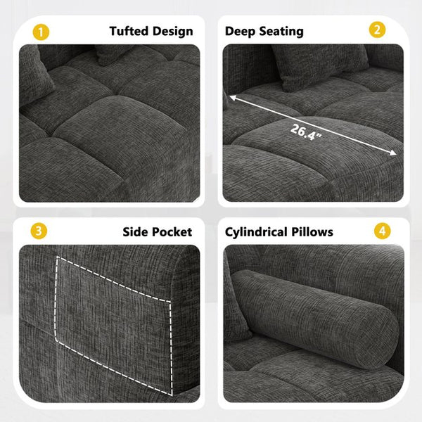 English Elm 101.2" Modern Sectional Sofa Full-Compressed Modular Couch with Deep Seating, Tufted Chenille Fabric, Pillows Included Grey N719S001890E